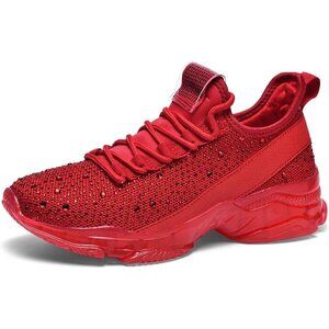 🆕 Red Rhinestone Mesh Slip-On Walking Shoes Fashion Glitter Breathable Sneaker